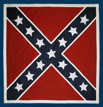 51" X 51",
 1864 Confederate Flag This is a replica of a confederate flag made for
the 18th NC during 1864. The size of this flag, the color of it's
borders, and the number of stars it bears, as well as it's general
uniformity are common to flags made later in the war.